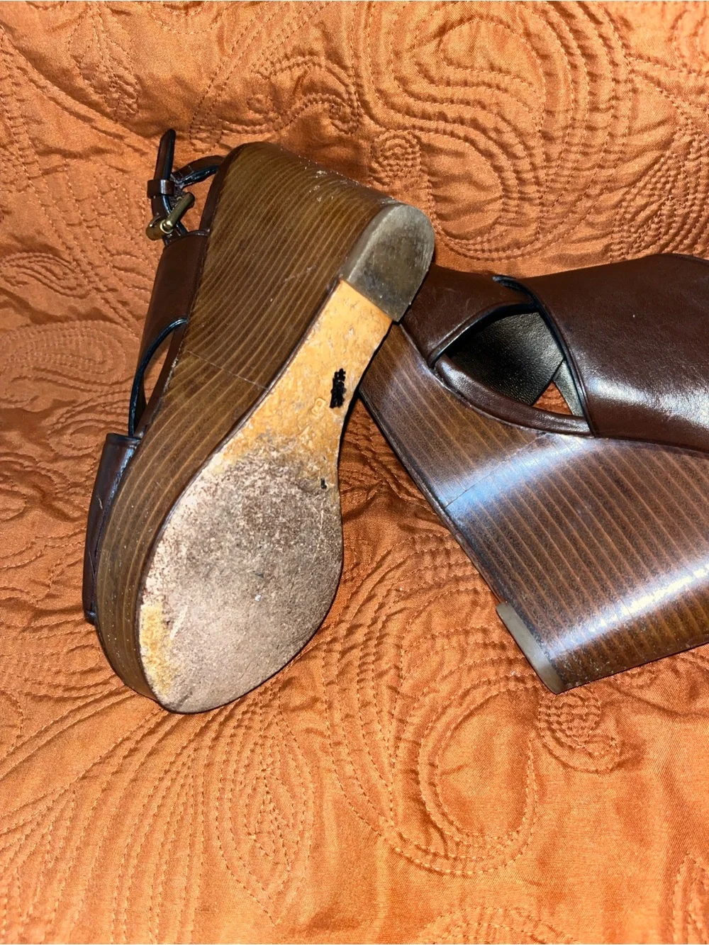 COACH ‘JAMILA’ Peep toe Brown Leather Wedge Sandals 7B